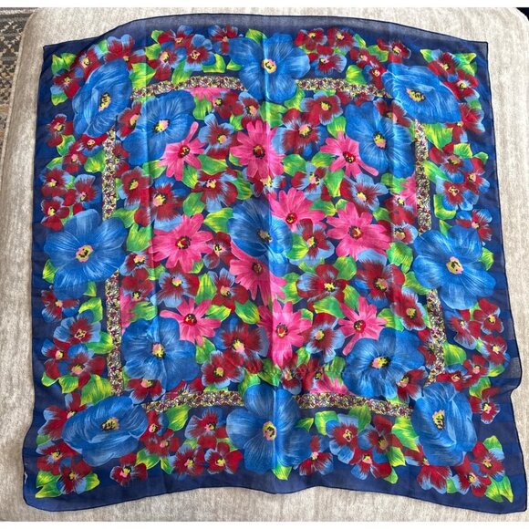 Vintage Blue Red Floral Square Women's Fashion Scarf - Picture 2 of 8